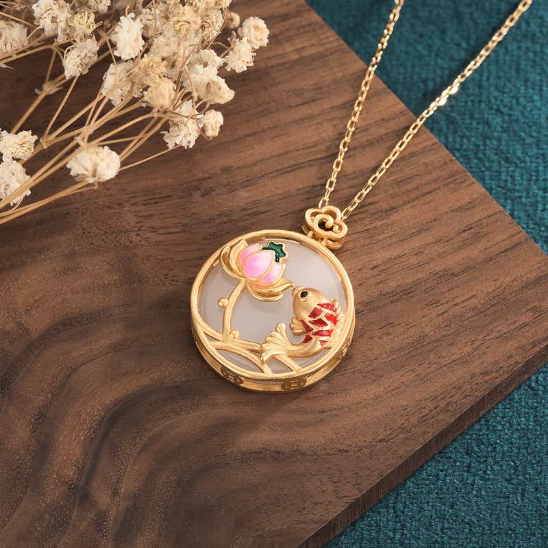 Fortune Jewel White Jade Koi Fish Lotus Blessing Necklace Pendant Fortune Jewel