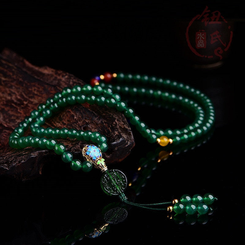 Fortune Jewel 108 Mala Beads Natural Green Agate Power Support Bracelet