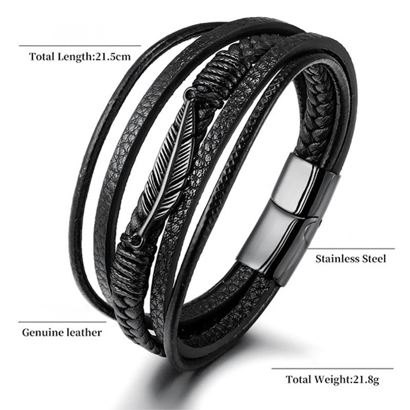 Fortune Jewel Feather Pattern Multilayer Leather Titanium Steel Calm Braided Magnetic Buckle Bracelet