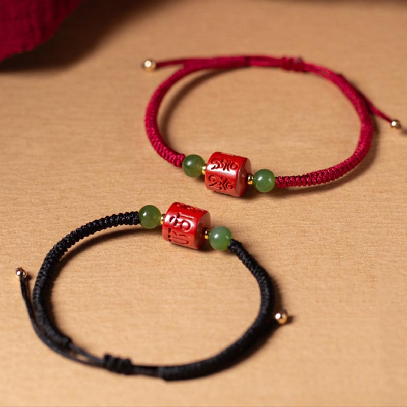 Fortune Jewel Tibetan Cinnabar Om Mani Padme Hum Engraved Blessing Braided Rope Bracelet