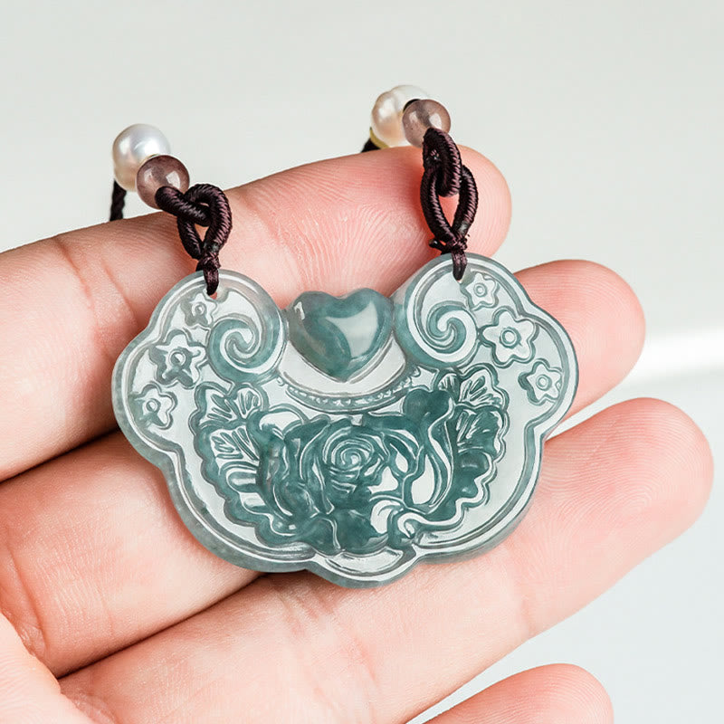 Fortune Jewel Natural Jade Peony Flower Lock of Good Wishes Prosperity Necklace Pendant