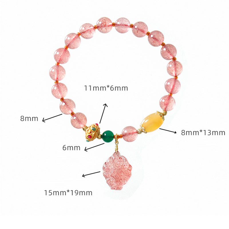Fortune Jewel Natural Strawberry Quartz Nine Tailed Fox Healing Bracelet