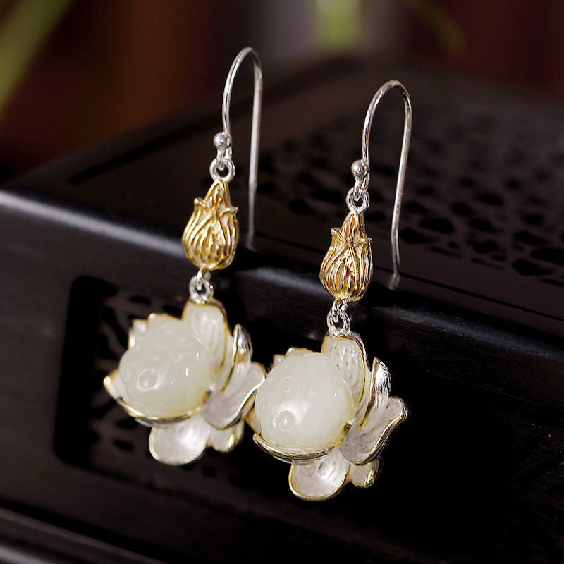 Fortune Jewel White Jade Protection Harmony Drop Earrings