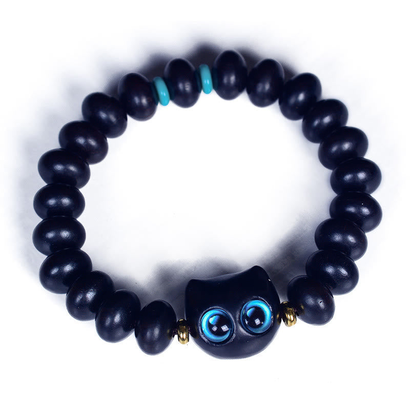 Fortune Jewel Ebony Wood Liuli Glass Lovely Cat Peace Balance Bracelet