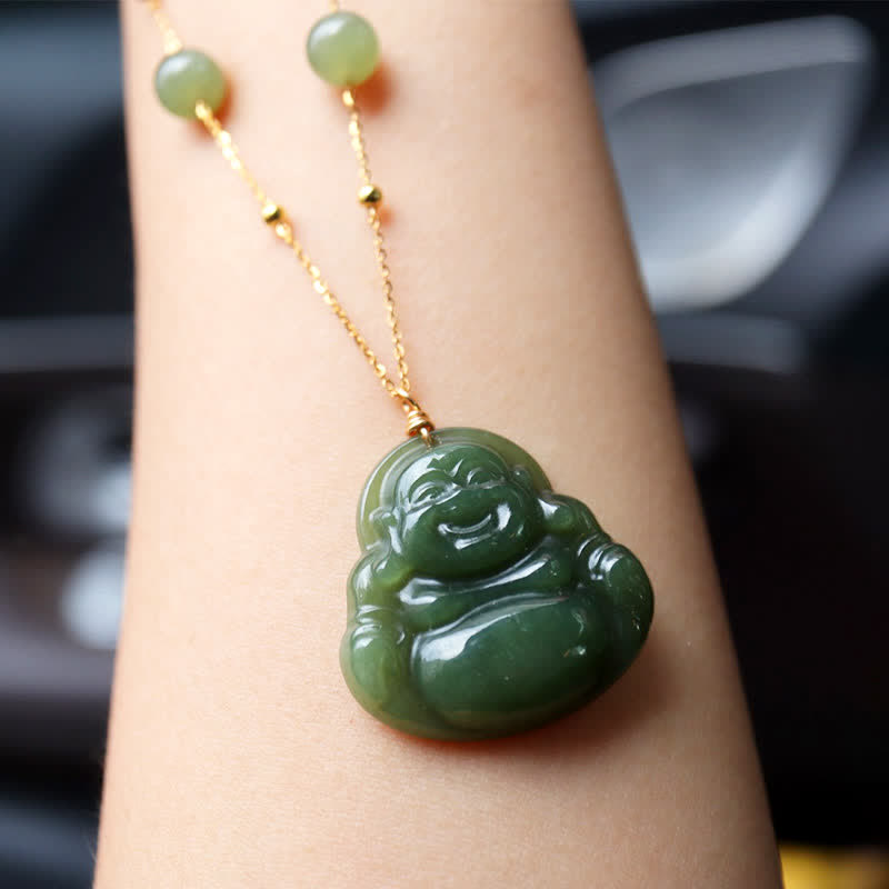 Fortune Jewel Laughing Buddha Hetian Jade Luck Necklace Bead Chain Pendant Fortune Jewel