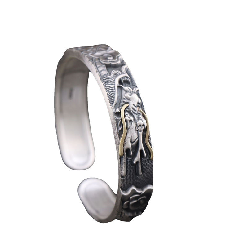 Fortune Jewel 999 Sterling Silver Dragon Strength Protection Bracelet Bangle
