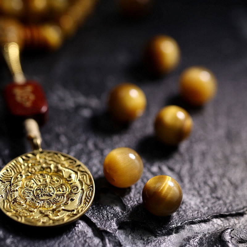 Fortune Jewel 108 Mala Beads Natural Tiger Eye Copper Dorje Protection Tassel Bracelet