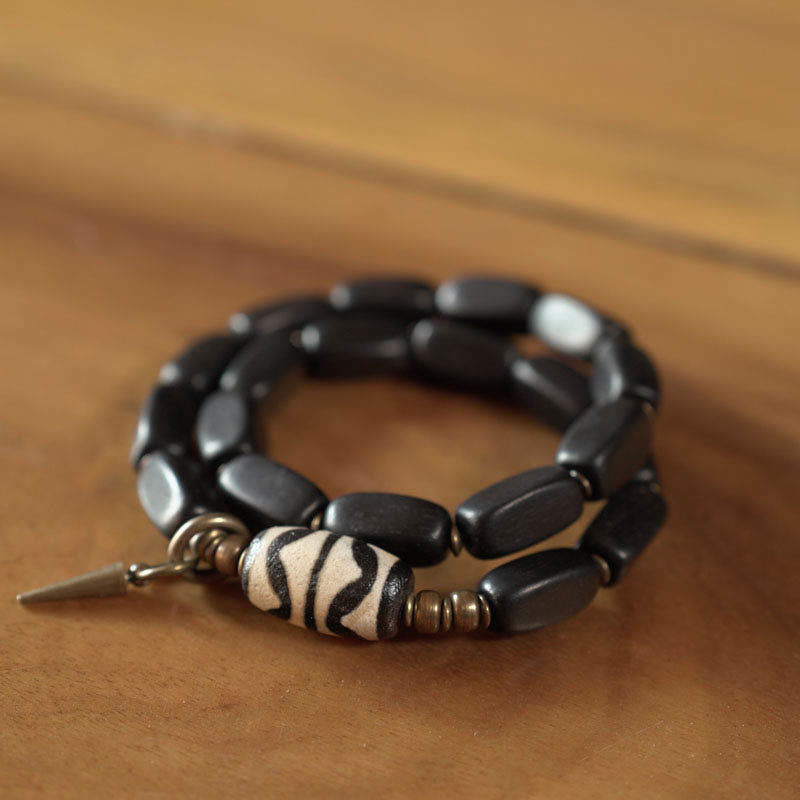 Fortune Jewel Tibet Ebony Wood Dzi Bead Copper Balance Double Wrap Bracelet