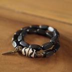 Fortune Jewel Tibet Ebony Wood Dzi Bead Copper Balance Double Wrap Bracelet