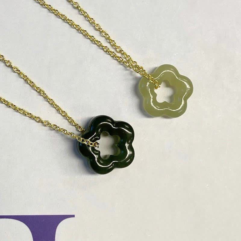 Fortune Jewel Dainty Hetian Jade Cyan Jade Luck Floral Charm Necklace Pendant