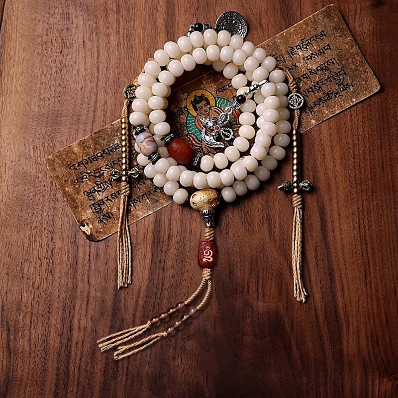 Fortune Jewel Tibet 108 Mala Beads Bodhi Seed Bagua Vajra Dzi Bead Gray Agate Wealth Bracelet