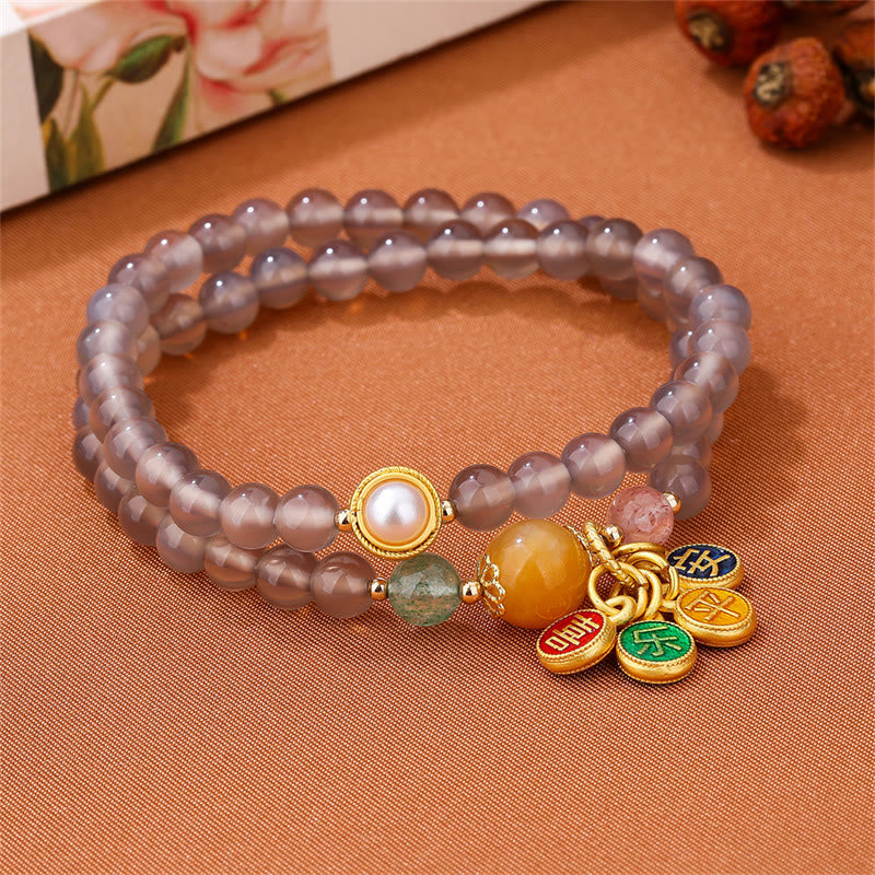 Fortune Jewel Natural Gray Agate Peace And Joy Charm Balance Double Wrap Bracelet
