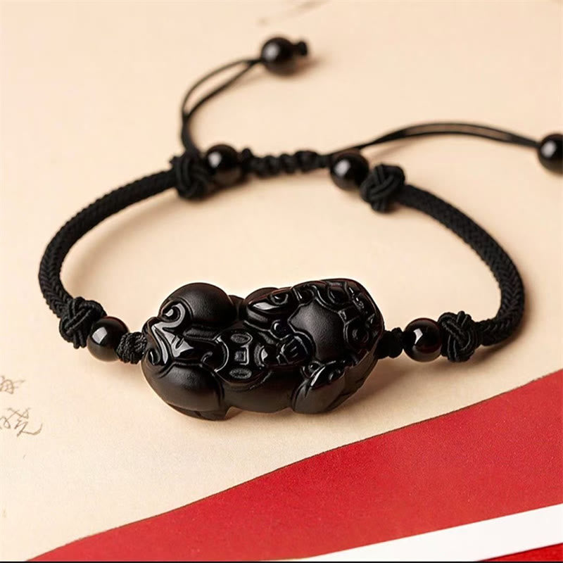 Fortune Jewel Natural Obsidian Amethyst Citrine PiXiu Cooper Coin Wealth Bracelet