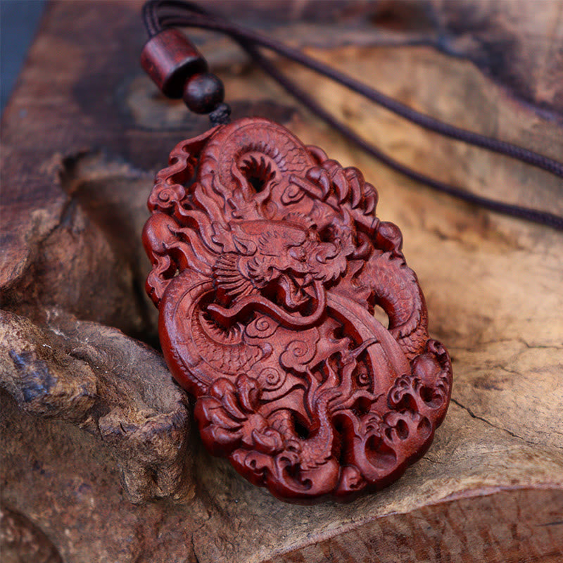 Fortune Jewel Lightning Struck Jujube Wood Double Dragon Relief Ward Off Evil Spirits Necklace Pendant