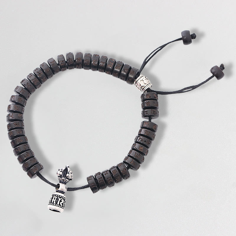 Fortune Jewel Tibet Coconut Shell Carved Om Mani Padme Hum Dorje Vajra Bell Happiness String Bracelet