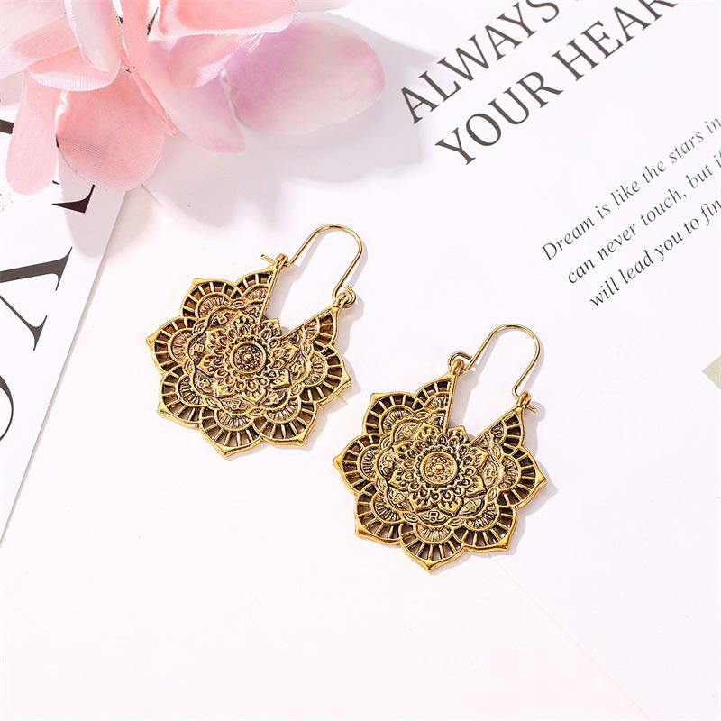 Fortune Jewel Tibetan Lotus Engraving Copper Blessing Drop Earrings
