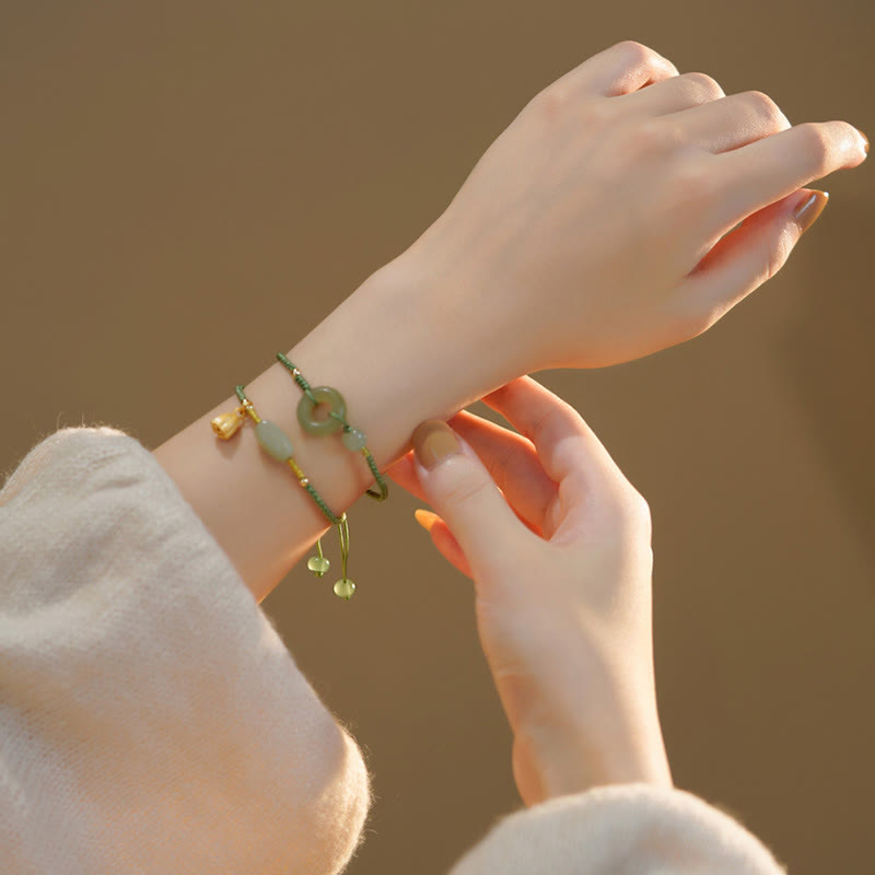 Fortune Jewel Lotus Jade Peace Buckle Bead Luck Happiness Charm String Bracelet