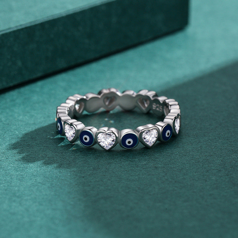 Fortune Jewel 925 Sterling Silver Evil Eye Love Heart Zircon Blessing Ring