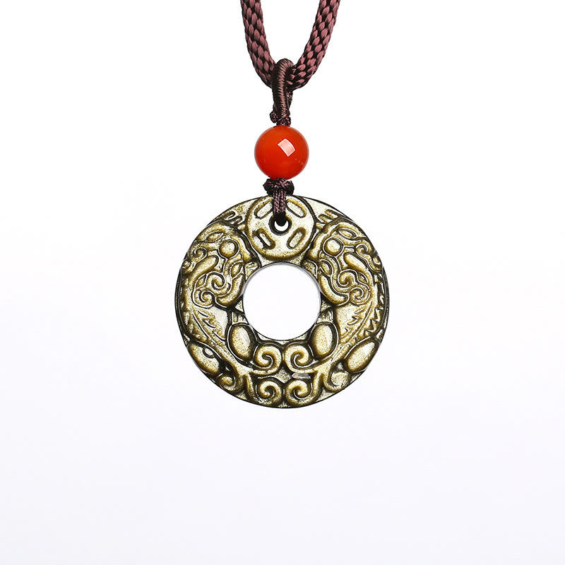 Fortune Jewel Gold Sheen Obsidian Peace Buckle Pixiu Copper Coin Wealth Necklace Pendant