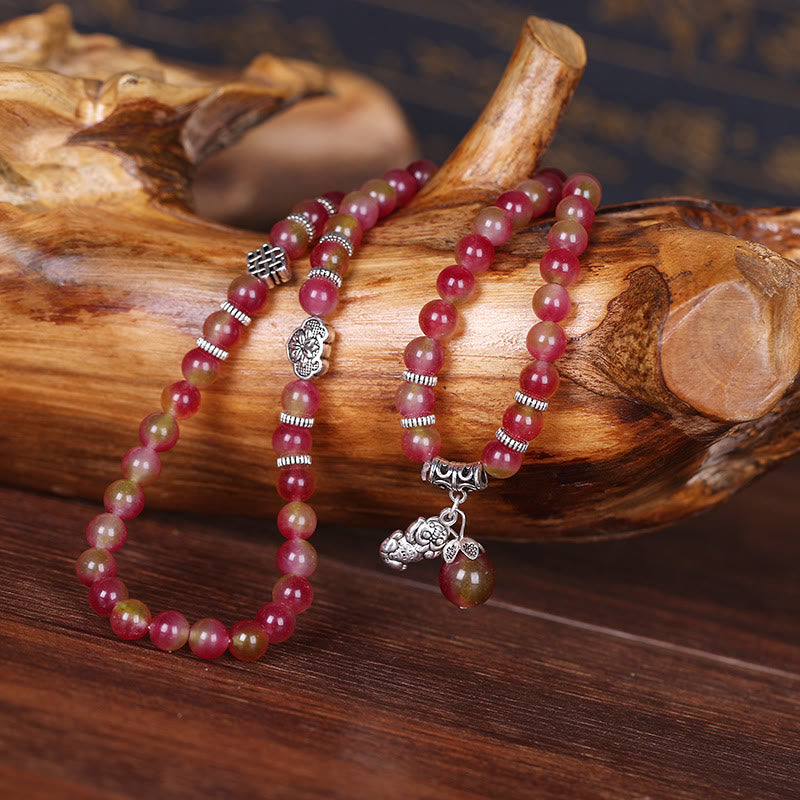 Fortune Jewel Natural Watermelon Tourmaline PiXiu Elephant Positive Triple Wrap Bracelet