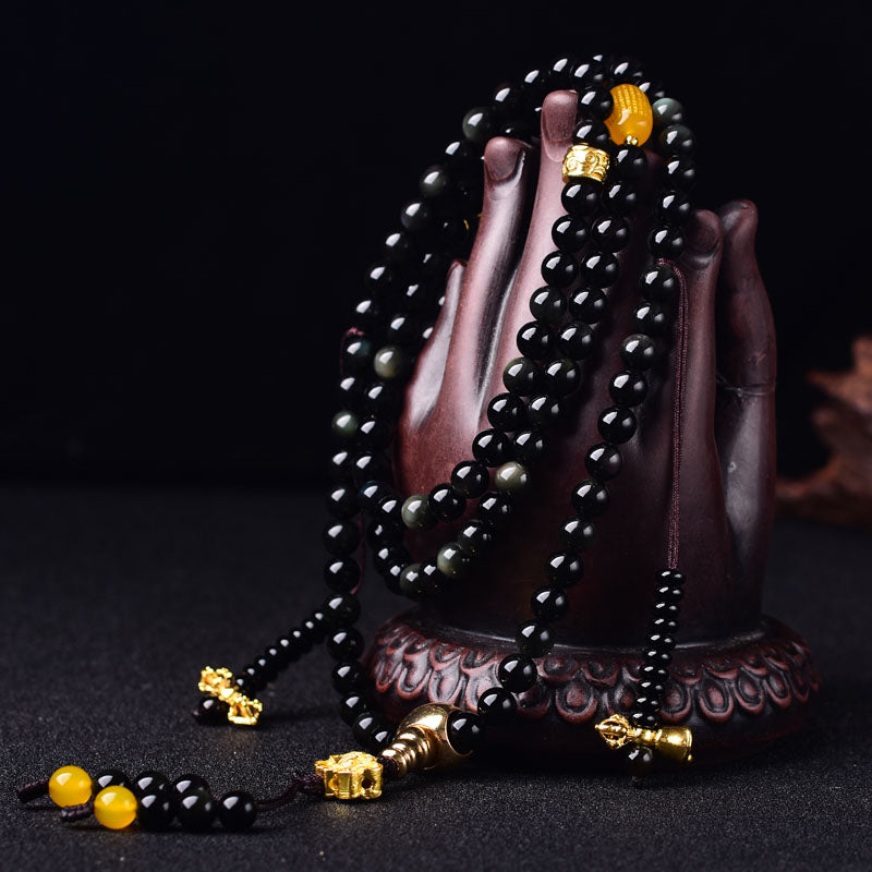 Fortune Jewel 108 Beads Natural Black Obsidian Lotus Fulfilment Mala Bracelet