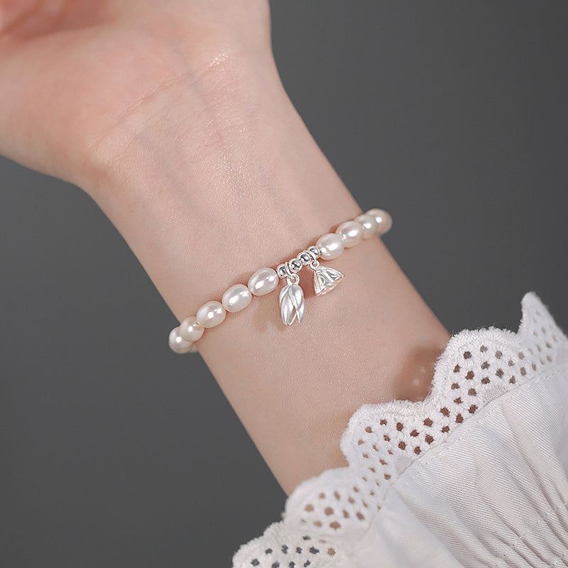 Fortune Jewel 999 Sterling Silver Lotus Flower Pod Natural Pearl Healing Bracelet
