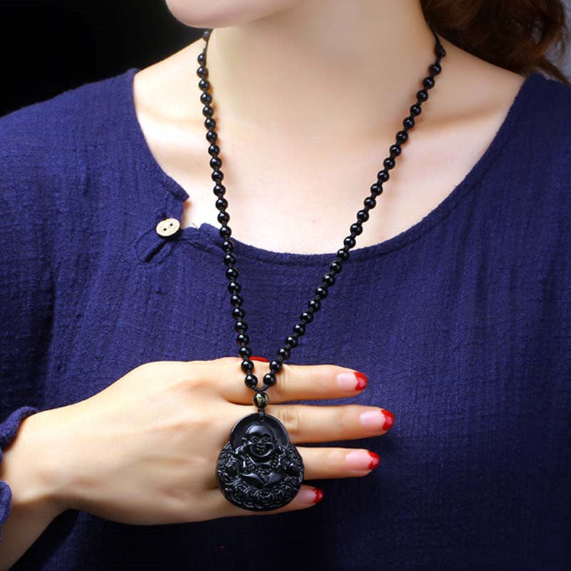 Fortune Jewel Laughing Buddha Black Obsidian Strength Protection Pendant Necklace