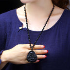 Fortune Jewel Laughing Buddha Black Obsidian Strength Protection Pendant Necklace