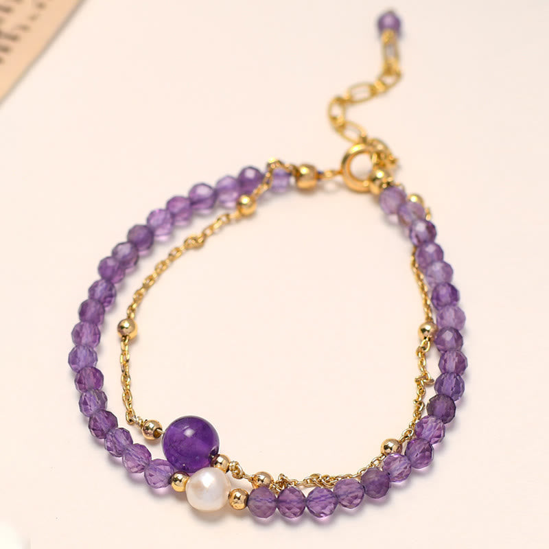 Fortune Jewel 14K Gold Plated Amethyst Crystal Healing Double Layer Chain Bracelet