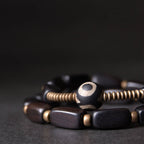 Fortune Jewel Tibet Ebony Wood Dzi Bead Copper Balance Double Wrap Bracelet