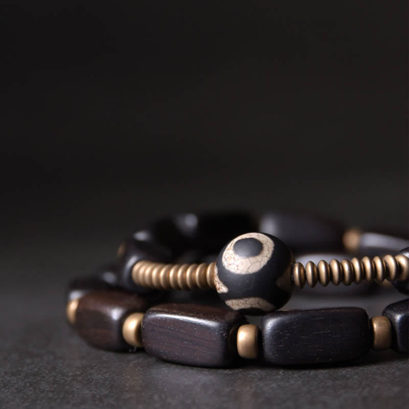 Fortune Jewel Tibet Ebony Wood Dzi Bead Copper Balance Double Wrap Bracelet