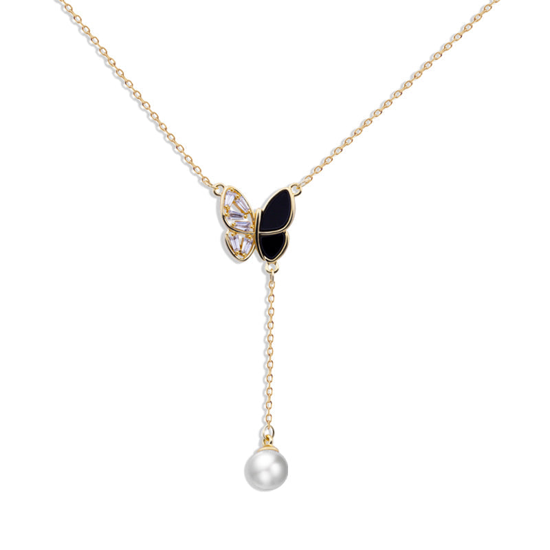 Butterfly Necklace with 18K Gold Plating and Pearl Charm