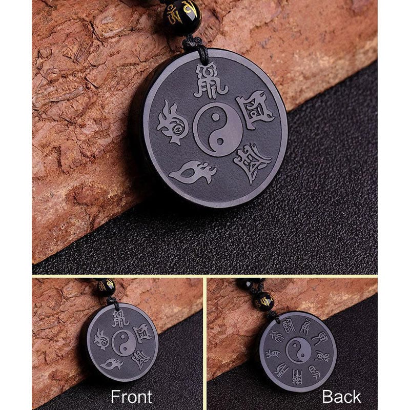 Fortune Jewel Natural Black Obsidian Taoism Five Sacred Mountains Nine-Character Mantra Carved Strength Yin Yang Necklace Pendant Key Chain