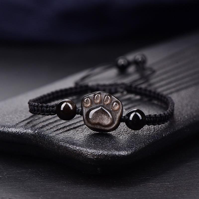 Fortune Jewel Natural Silver Sheen Obsidian Gold Sheen Obsidian Cute Cat Paw Claw Protection Rope Bracelet