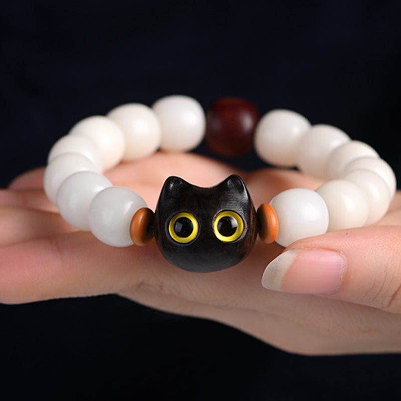 Fortune Jewel Natural Bodhi Seed Small Leaf Red Sandalwood Ebony Wood Cute Lucky Cat Wisdom Bracelet
