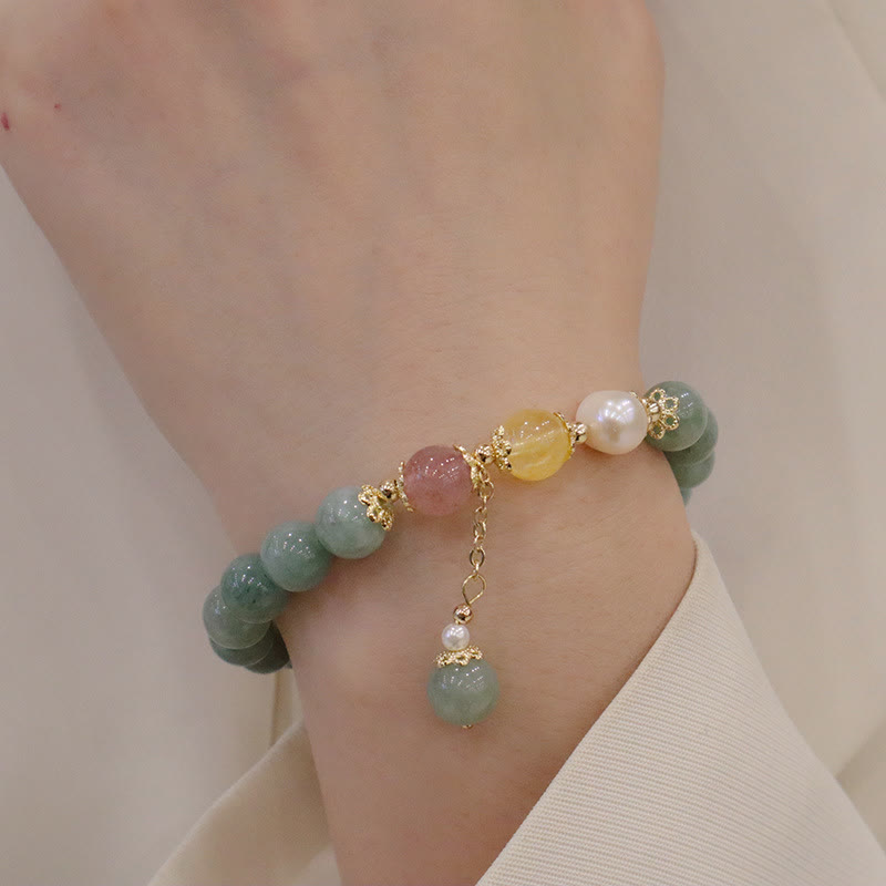 Fortune Jewel Jade Pearl Strawberry Quartz Abundance Luck Bead Charm Bracelet