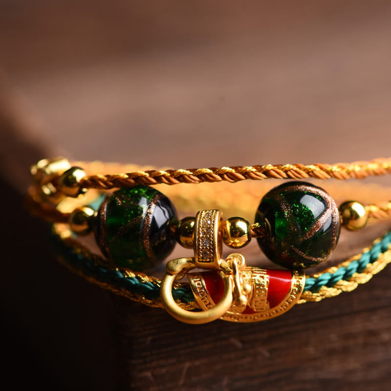 Fortune Jewel Tibetan Handmade Rope Liuli Glass Bead Braided Multilayered Healing Bracelet