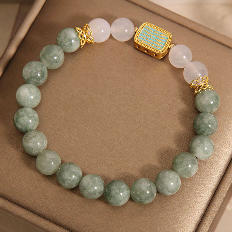 Fortune Jewel Natural Green Jade White Agate Five Scriptures Abundance Bracelet