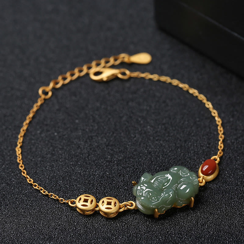 Fortune Jewel Cyan Jade PiXiu Copper Coin Red Agate Success Chain Bracelet
