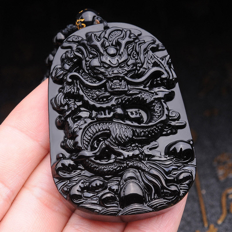 Fortune Jewel Black Obsidian Stone Dragon Fulfilment Pendant Necklace