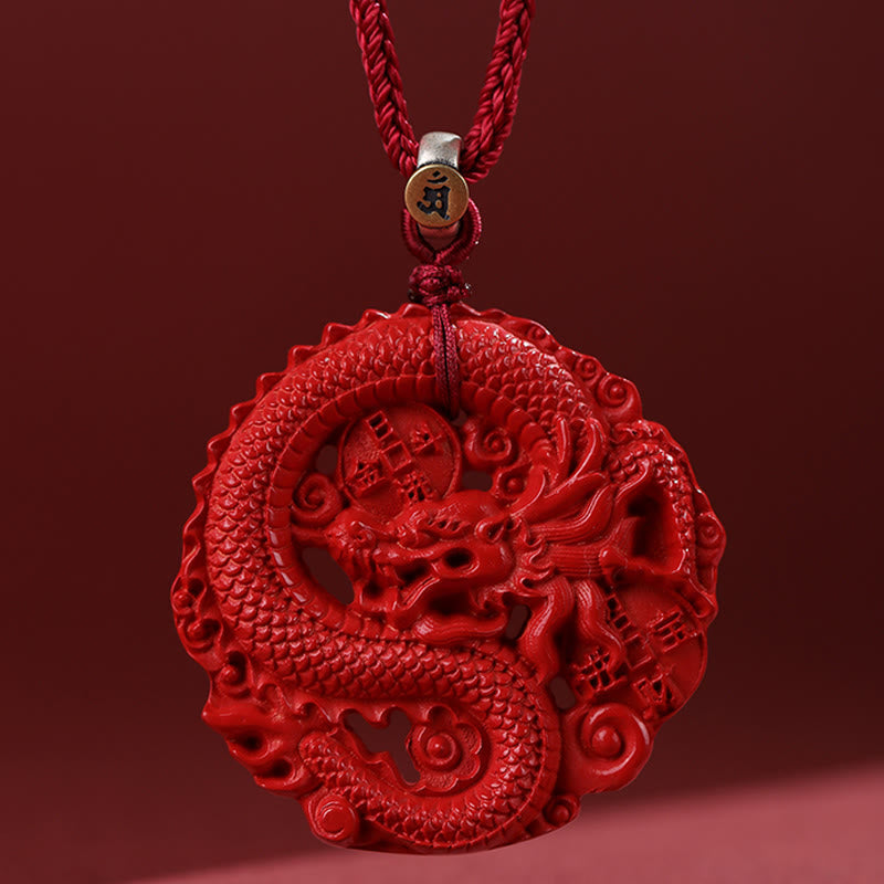 Fortune Jewel Year of the Dragon 925 Sterling Silver Natural Cinnabar Copper Coin Luck Necklace Pendant