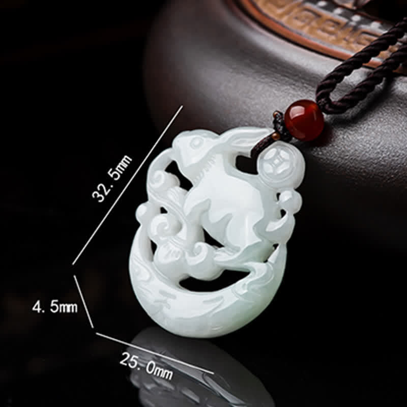 Fortune Jewel Year of the Rabbit White Jade Crescent Moon Protection Necklace Pendant