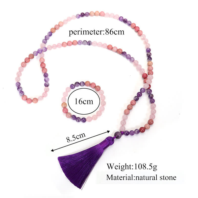 Fortune Jewel 108 Mala Beads Amethyst Rose Quartz Spiritual Healing Tassel Bracelet