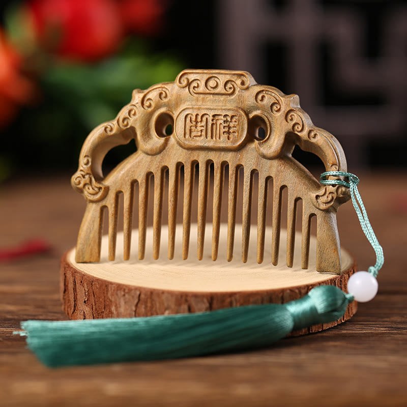Fortune Jewel Green Sandalwood Fox Peony Flower Lotus Engraved Cure Tassel Comb Fortune Jewel