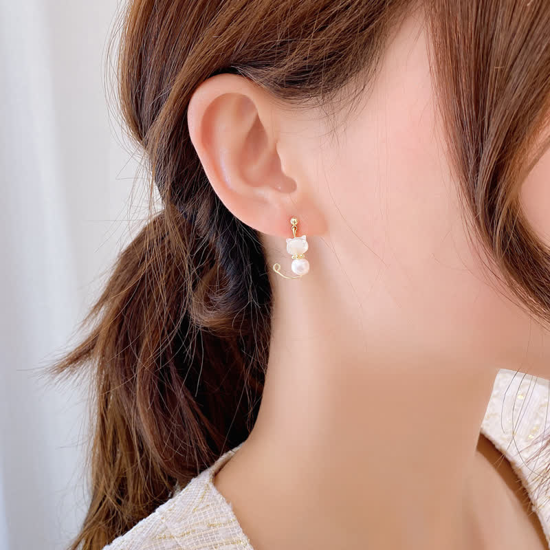 Fortune Jewel Cute Cat Paw Pearl Wisdom Stud Drop Earrings