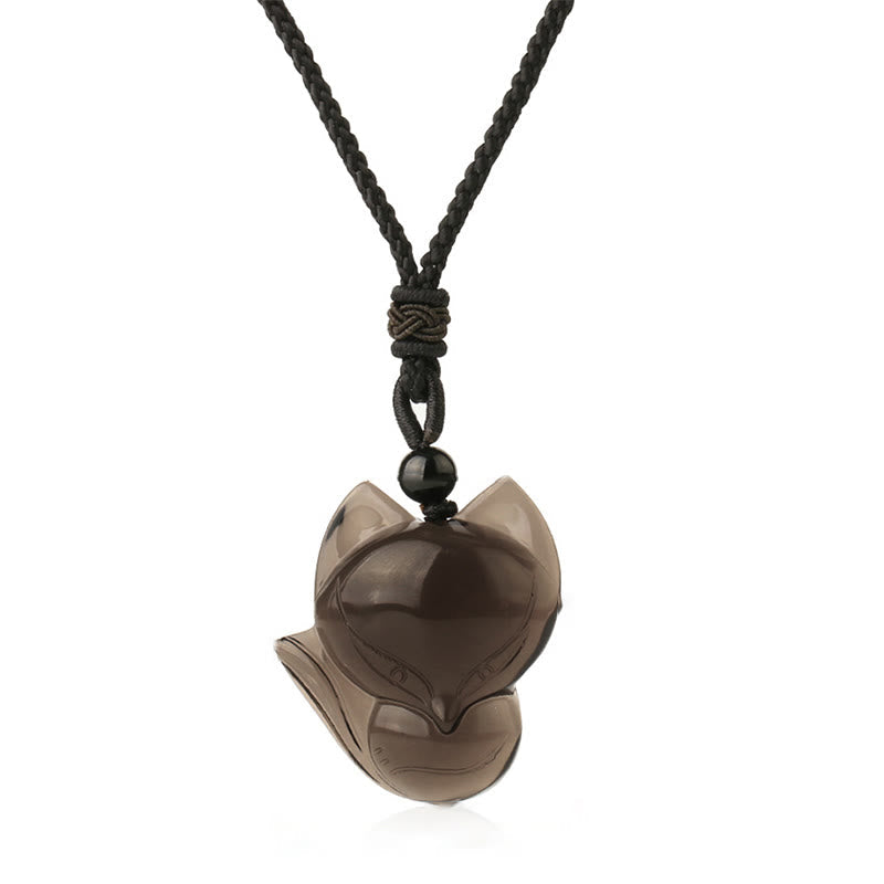 Fortune Jewel Natural Black Obsidian Tiger Eye Ice Obsidian Fox Pendant Amulet Necklace