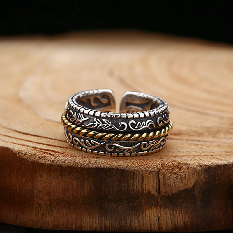 Fortune Jewel 925 Sterling Silver Tang Dynasty Flower Design Luck Adjustable Ring