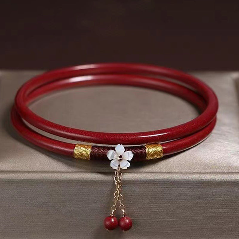 Fortune Jewel 2Pcs Cinnabar Flower Blessing Bangle Charm Bracelet