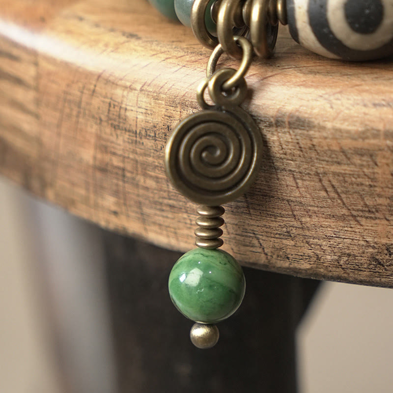 Fortune Jewel Cyan Bodhi Seed Dzi Bead Wisdom Peace Triple Wrap Bracelet