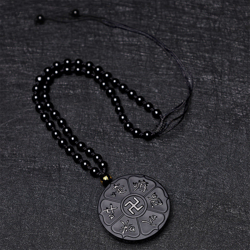 Fortune Jewel Natural Black Obsidian Tibetan Om Mani Padme Hum Buddha Swastika Luck Necklace Pendant